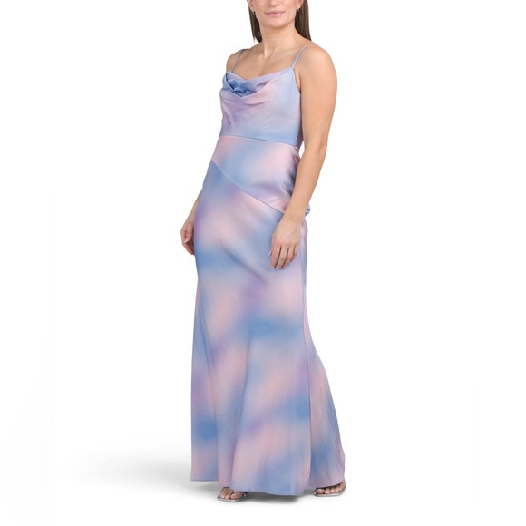 Liv Foster Pastel Tie Dye Satin Cowl Neck Gown Size 10 NWT - Picture 1 of 5